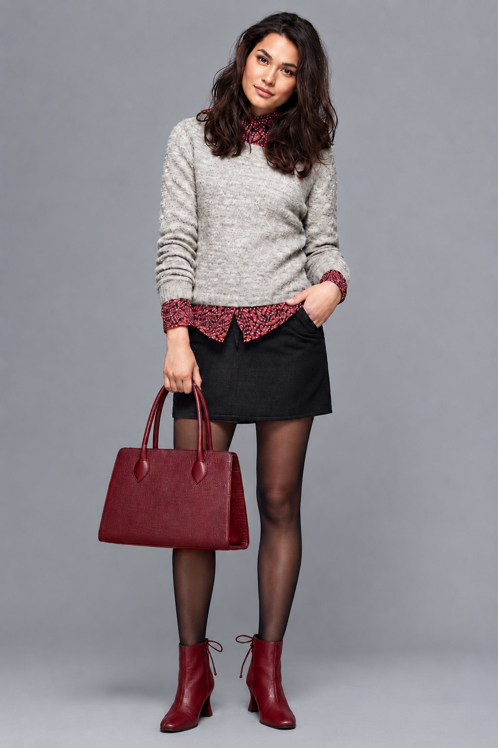 Women's burgundy back lace-up ankle boots with square toe and mid spool heel - Top view